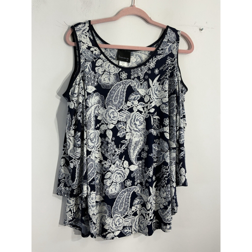 Womans Lavender Sky Blouse XL Blue White Floral Peek A Boo Sleeves Flowy